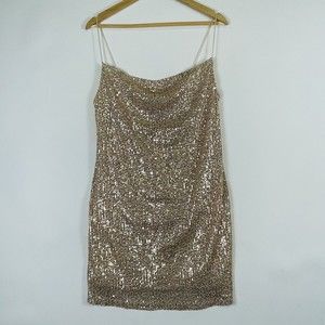 Dee Elly Champagne Beige Sequin Sleeveless Lined Dress Womens Sz‎ Medium